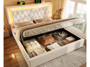 ModernLuxe Gestoffeerd opbergbed 160x200cm van fluweel - met LED-verlichting - met USB- en Type-C-poorten - met lattenbodem - Beige (zonder matras)