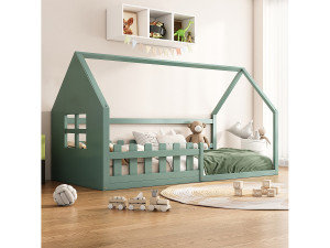 OKWISH Kinderbed 90x200cm met uitvalbeveiliging en lattenbodem van hout - grenen - groen (zonder matras)