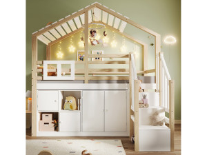 Hauss Spole Halfhoog hoog bed 90x200cm met kasten en opbergladder - Dennen + MDF - wit + hout