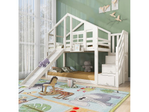 Merax Kinderstapelbed met speelhuisje - 2 x 90 x 200 cm - met opbergtrap + glijbaan + dak - Hout + MDF - Wit