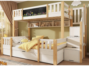 ModernLuxe Stapelbed 90x200cm + 140x200cm - met schoolbord - met 1 lade en een trap met opbergruimte - Massief hout + MDF - Wit + Natuur