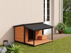 Unique Caseta para perros con terraza y soporte para comederos - An. 136 x Pr. 138,1 x Alt. 95,2 cm - Talla L/XL - Natural y negro MORIKA