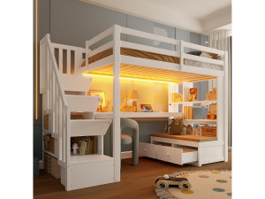 Merax Kinderhoogslaper - 90 x 200 cm - met bureau + planken + 2 lades + opbergladder - MDF + hout - wit