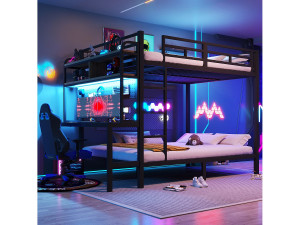 Merax Kinderstapelbed - 2 x 140 x 200 cm - ijzeren frame - met bureau + LED-verlichting + USB-poort + plank - metaal - zwart