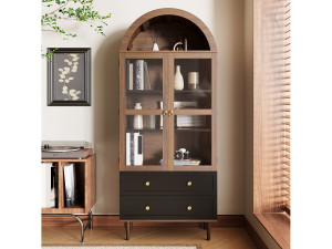 Merax Retro-modern opbergmeubel van gebogen glas - 70 x 38 x 168 cm - met 2 lades - glas + MDF - bruin