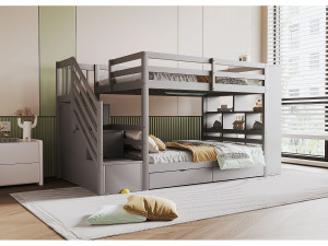 Hauss Spole Kinderstapelbed 90 x 200 cm met 2 lades, opbergladder en planken - Grijs hout (matras niet inbegrepen)