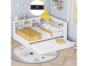 Volwassen bed 140 x 200 cm - met USB-aansluiting en open opbergruimte - wit - matras niet inbegrepen