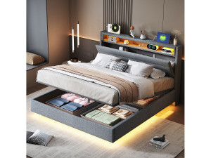 Bed met opbergruimte 140 x 200 cm - met hoofdbord met opbergruimte en ledverlichting - linnen - grijs