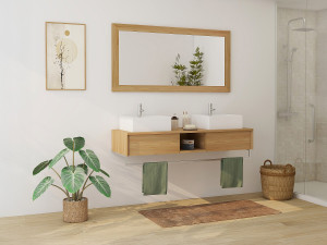 Unique Mueble de baño suspendido de teca con toallero y doble lavabo cuadrado de cerámica sobre encimera - 140 cm - KUPANG