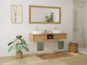Unique Mueble de baño suspendido de teca con toallero y doble lavabo redondo de cerámica sobre encimera - 140 cm - KUPANG