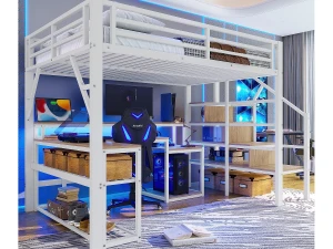 ModernLuxe Cama mezanino 140x200 cm - con escada de segurança - con faixa de luz LED + escrivaninha - con porta USB - branco​ (colchão não incluído)