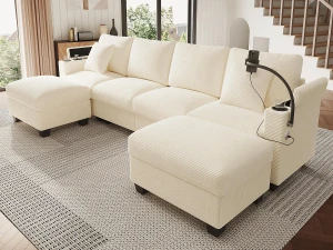 ModernLuxe Sofá 4 lugares em forma de U - Veludo canelado - Equipado con suporte para telefone e porta de carregamento USB - Bege