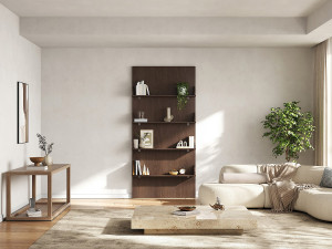Unique Puerta corredera de madera y Mdf con estantes y raíl invisible - Color natural oscuro - 93 x 210 cm KAZORI