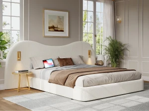 ModernLuxe Cama com baú estofada 180x200 cm - con USB e lâmpada de leitura - Tecido bouclé - Branco​ (sem colchão)
