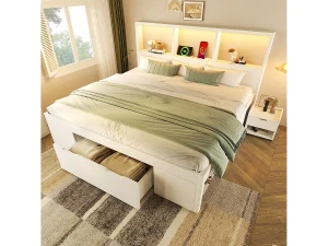 Merax Cama de solteiro de madeira com arrumação - 140 x 190 cm - com mesa de cabeceira removível + LEDs + USB + gavetas + prateleiras - branca