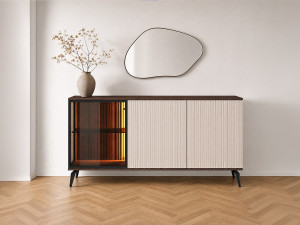 Unique Aparador 3 puertas con LEDs en MDF y vidrio ahumado - Beige y Natural oscuro - JANEYA