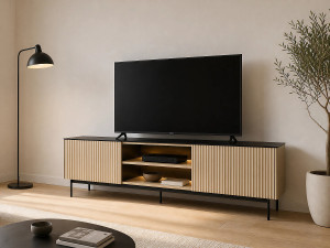 Unique Mueble TV 2 puertas y 2 estantes con LEDs en MDF y vidrio ahumado - Natural claro y Negro - SAYERA