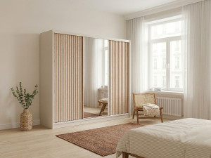 Unique Armario 3 puertas correderas - Con espejo - An. 250 cm - Color: Beige y natural - CALOWI