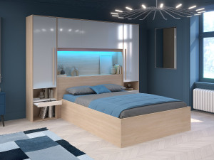 Unique Canapé abatible 140 x 190 cm con puente de cama - Con LEDs - Blanco brillante y natural - VELONA