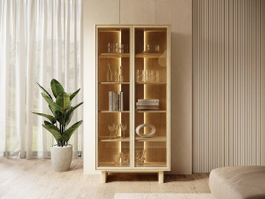 Unique Vitrina de 2 puertas con LEDs en MDF y cristal templado - Color natural claro TERLONA