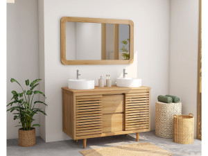 Unique Mueble de baño con patas de teca con doble lavabo redondo de cerámica sobre encimera - An. 120 cm - TORAJA