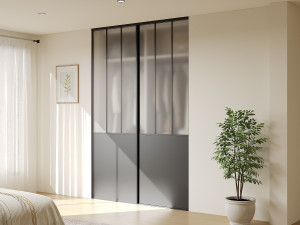 Unique Puertas de armario correderas de acero - Negro y vidrio templado translúcido - Alt. 250 x An. 130 cm - BELASI