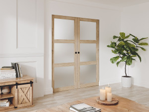 Unique Puerta corredera doble con sistema encastrado en madera y vidrio templado satinado - 3 ventanas - 2 x Alt. 205 x An. 83 cm - ACOSTA II