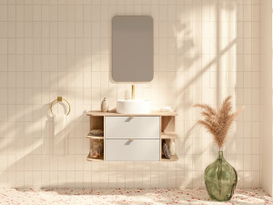 Unique Mueble lavabo suspendido con estantes y lavabo independiente redondo - Beige y color natural claro - 100 cm - LAVENA