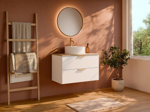 Unique Mueble de baño suspendido con lavabo sobre encimera redondo y grifo - Blanco - A80 cm - AVORELI