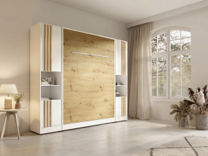 Unique Łóżko chowane w szafie pionowe 140 x 200 cm - 2 kolumny z miejscem do przechowywania - Z listwami i LED - Białe i naturalne + Materac - RAPILI