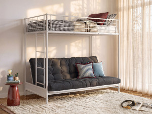 Unique Łóżko na antresoli 90 x 190 cm - Z rozkładaną kanapą - Metal - Kolor biały + czarny futon - MODULO V