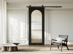 Unique Puerta corredera con sistema de aplique en madera y MDF - arco negro y vidrio templado estriado - Alt. 205 x An. 93 cm - ODEZA