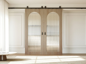 Unique Puerta corredera doble con sistema de aplicación en madera y MDF - Arco natural claro y vidrio templado estriado - 2 x Alt. 205 x An. 73 cm -