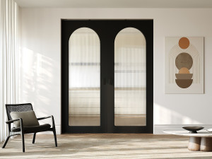 Unique Puerta corredera doble con sistema empotrado en madera y MDF - arco negro y vidrio templado estriado - 2 x Alt. 205 x An. 83 cm - ODEZA