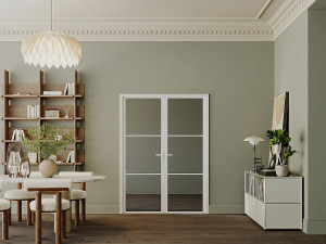 Unique Puerta con marco reversible de dos hojas de aluminio y vidrio templado ahumado - 2 x Alt. 204 x An. 73 cm - Blanco MASERU