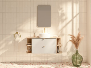 Unique Mueble lavabo suspendido con estantes y lavabo independiente redondo - Beige y color natural claro - 120 cm - LAVENA
