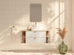 Unique Mueble lavabo suspendido con estantes y lavabo independiente cuadrado - Beige y color natural claro - 120 cm - LAVENA