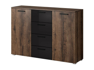Meublorama Stijlvolle dressoir met 2 deuren en 4 laden 130cm. Collectie FLOYD in donkereiken kleur en glanzend zwart