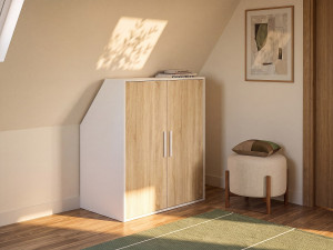 Vente-unique Kast voor onder een hellend dak 2 deuren - Wit en naturel - ADEZIO