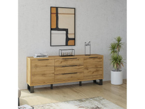 Meublorama Buffetkast MILO met twee deuren, drie laden. Kleur eiken met zwarte afwerking. Industriële stijl.