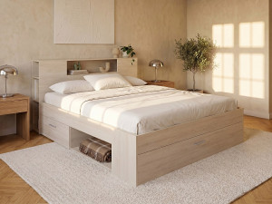 Vente-unique Bed met hoofdeinde met opbergruimte en lades - 160 x 200 cm - Kleur: naturel + bedbodem - LEANDRE