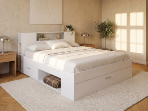 Vente-unique Bed met hoofdeinde met opbergruimte en lades - 160 x 200 cm - Kleur: wit + bedbodem + matras - LEANDRE