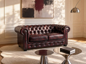Vente-unique Tweezitsbank Chesterfield BRENTON 100% buffelleer - cherry
