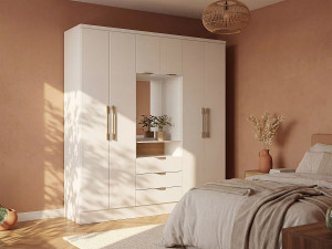 Vente-unique Kast met 6 deuren en 3 lades - Met spiegel - L180 cm - Kleur: wit - ELORIO