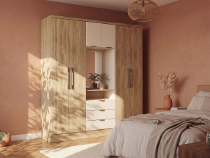 Unique Szafa 6 drzwi i 3 szuflady - Z lustrem - szer. 180 cm - Kolory: Naturalny i beżowy - ELORIO