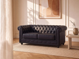 Vente-unique Tweezitsbank van zwart kunstleer CHESTERFIELD