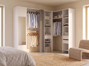 Vente-unique Hoekkledingkast met gordijn en 1 deur - Met spiegel -  L231 cm - Wit en grijs - BERTRAND