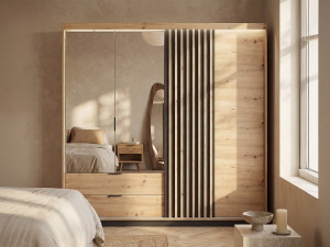 Vente-unique Kast met 3 deuren en 2 lades - Spiegel en ledverlichting - L220 cm - Kleur: naturel en zwart - ARIADA