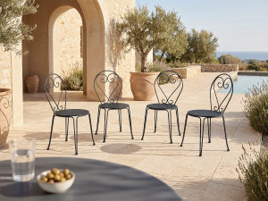 Vente-unique Set 4 metalen tuinstoelen met smeedijzer aspect - antraciet - GUERMANTES