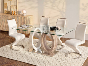 Unique Mesa de comedor AYANE - Cristal templado y MDF - Roble y Blanco